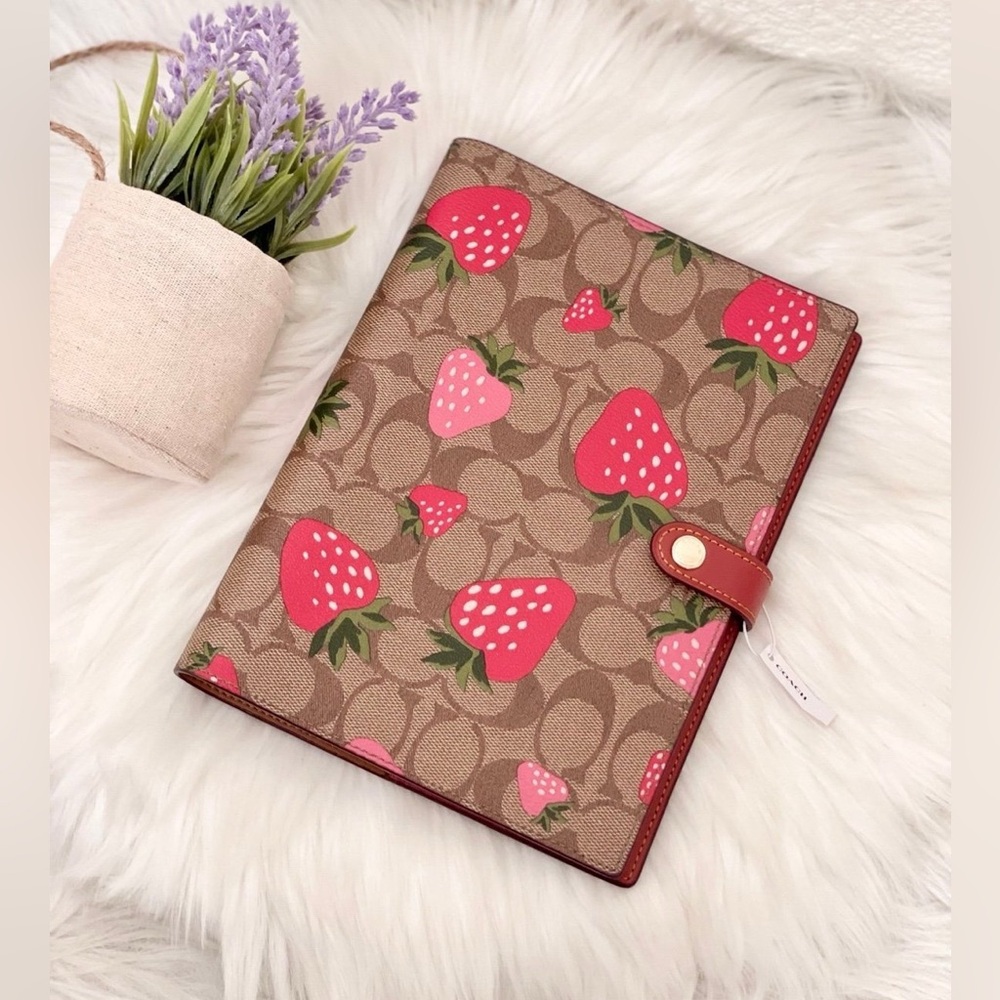 Coach Notebook with Wild Strawberry Print in Signature Canvas in Khaki CH386 NWT - Picture 2 of 10